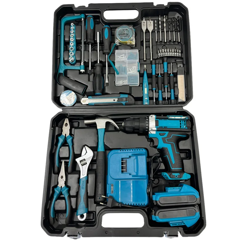 Lithium battery drill, double bead blue lithium battery drill multi-functional blue set