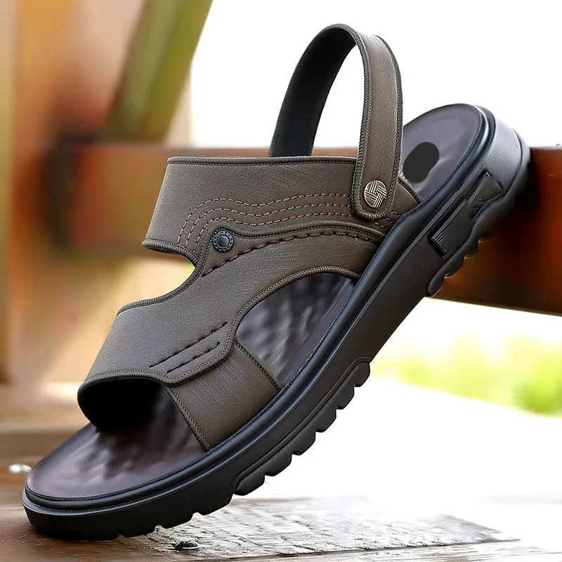 

Breathable Man Sandals Summer Driving Non Slip Beach Shoes Men's Leather SandalsNew Outdoor Soft Soled Slippers