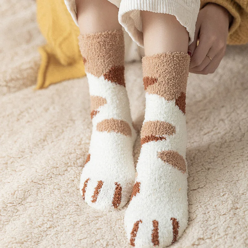 Winter Warm Fluffy Socks Thickened Cute Cat Paw Socks Super Soft For Female House Sleeping Floor Sox Home Clothing Accessories view 4