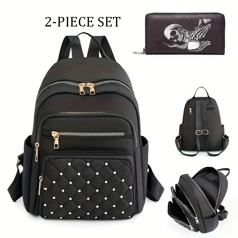 

Casual Leisure Backpack & Coin Wallet, Argyle Pattern Rivets Decor Travel Daypack, Women's Trendy Backpack