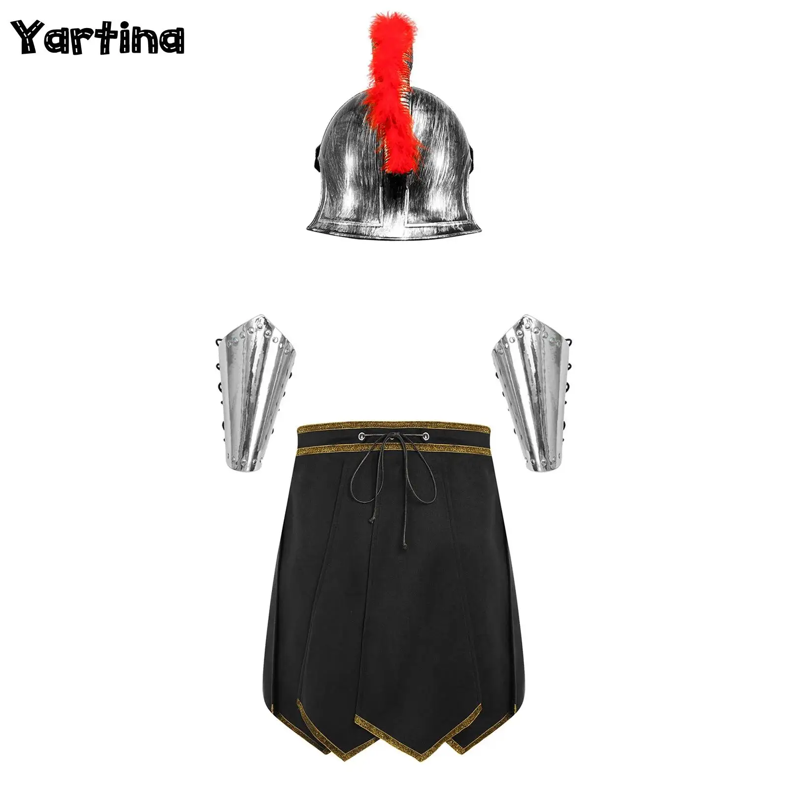 

Мужской костюм римского гладиатора, спартанского воина, рыцаря, солдата для косплея: доспехи с золотой отделкой, шлем с козырьком и налокотники.