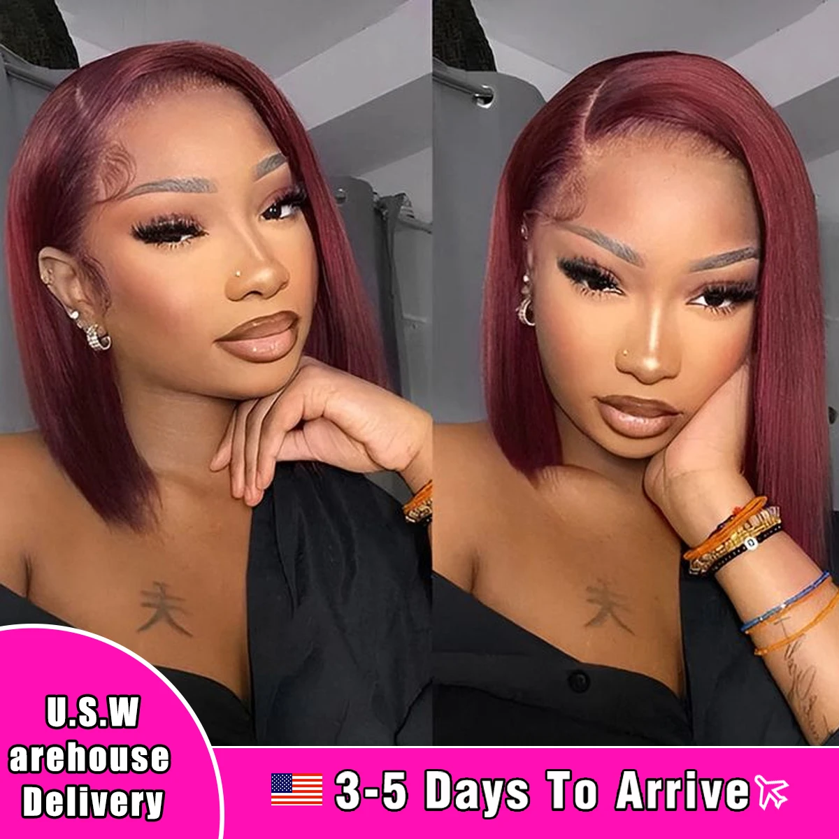 

Red Short Straight Bob Wig 13x5 Lace Front Human Hair Wigs For Women 10-16 Inch Pre Plucked Brazilian Remy Bob Lace Frontal Wigs