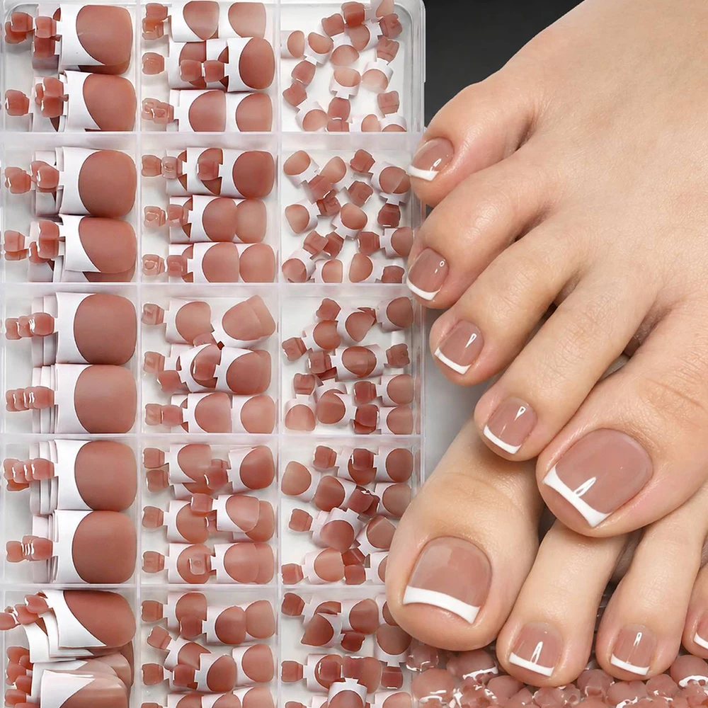 150Pcs Minimalist French Nude Toe False Nails Short Square Press On Toenails Removable Bride Wedding Foot Nail Art