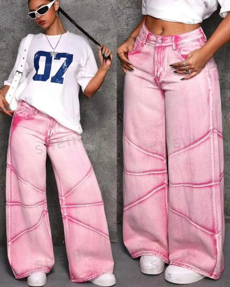 Y2K Amerikanische Modische Retro Jeans Herbst Teen Mädchen Hohe Taille Straße Dopamin Dressing Gerade Breite Bein Casual Hosen