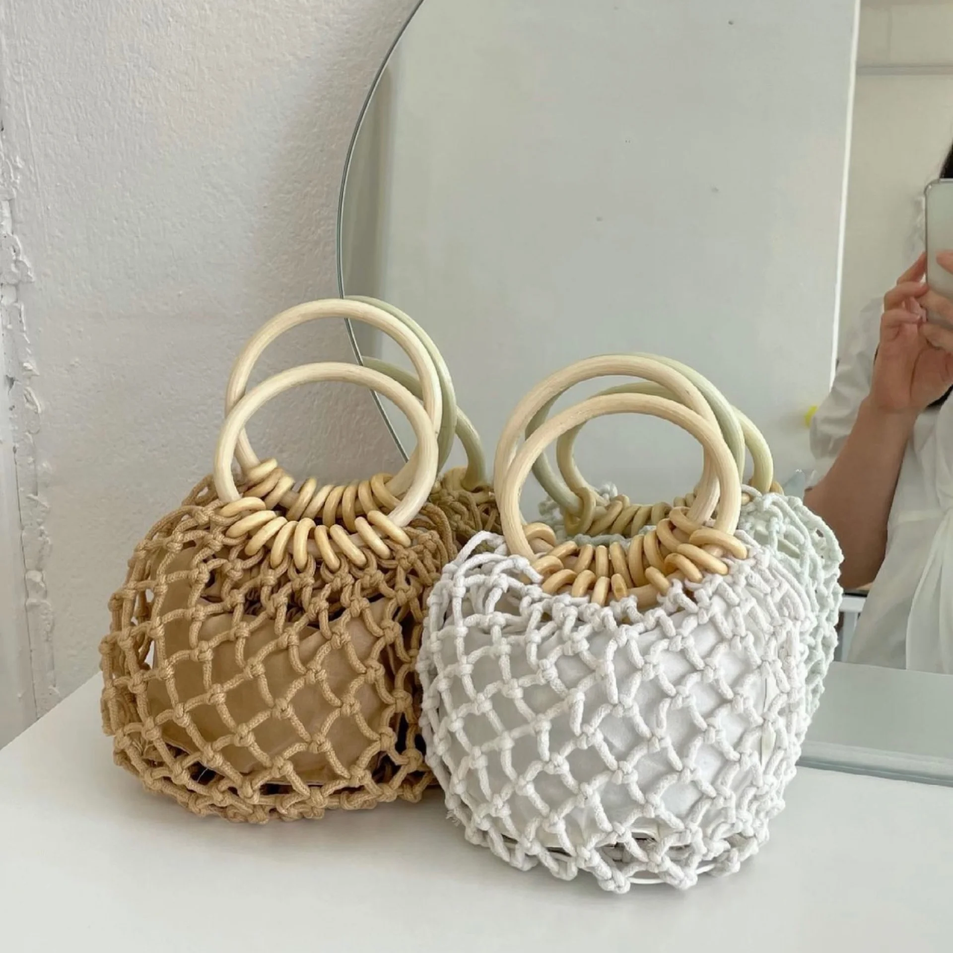 

Тканая хлопковая сумка-корзина для чаек с деревянным кольцом Iuencer Blogger Sle, женская сумка с выдолбленным дизайном Fiing Net