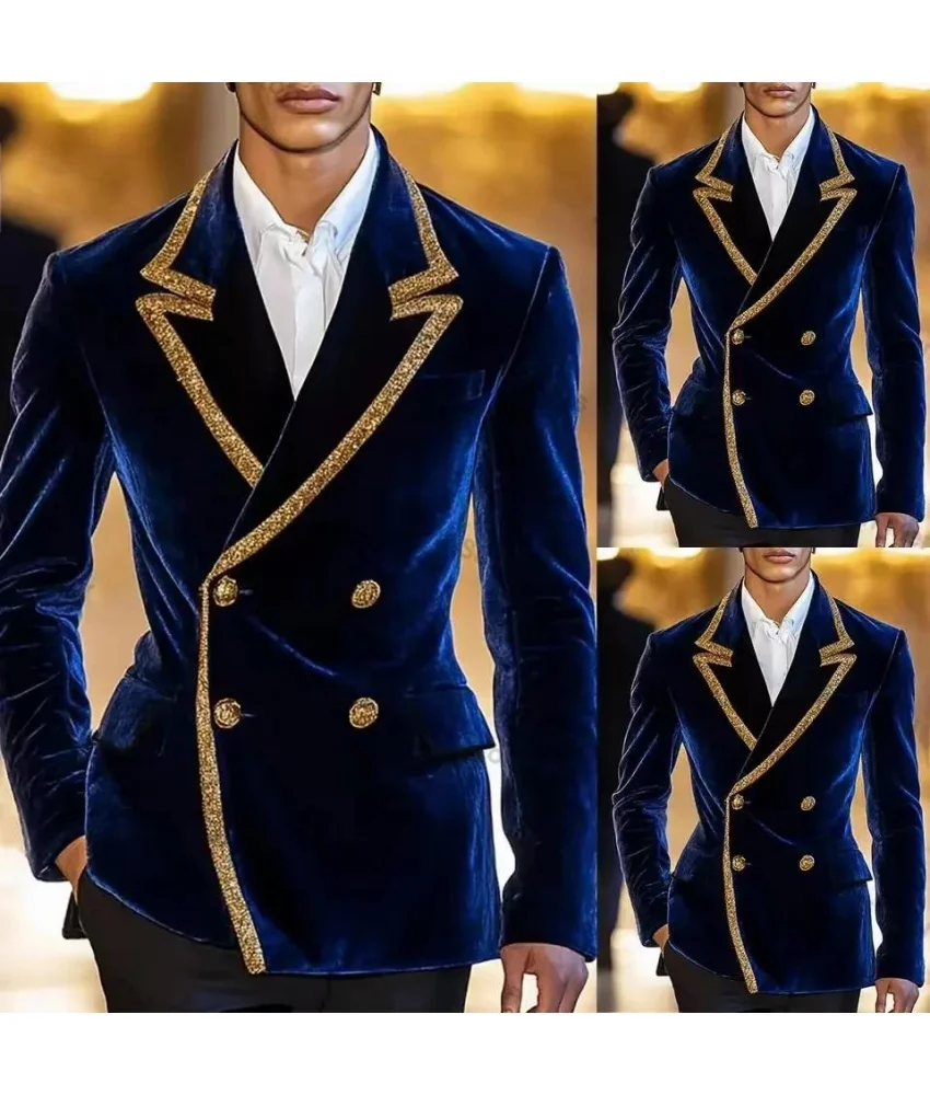 

Temperament Men's Velvet Two-Piece Suit with Gold Trim, Double Breasted Blazer and Pants Set for Wedding,Men's Stage Costume.