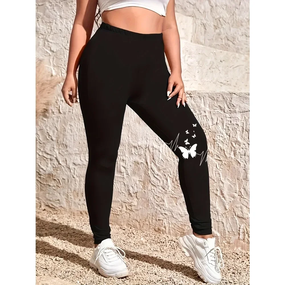 

Plus Size 1XL-5XL New Summer Women's butterfly print leggings High-waisted Plus Fat Solid Color Small Feet Pants