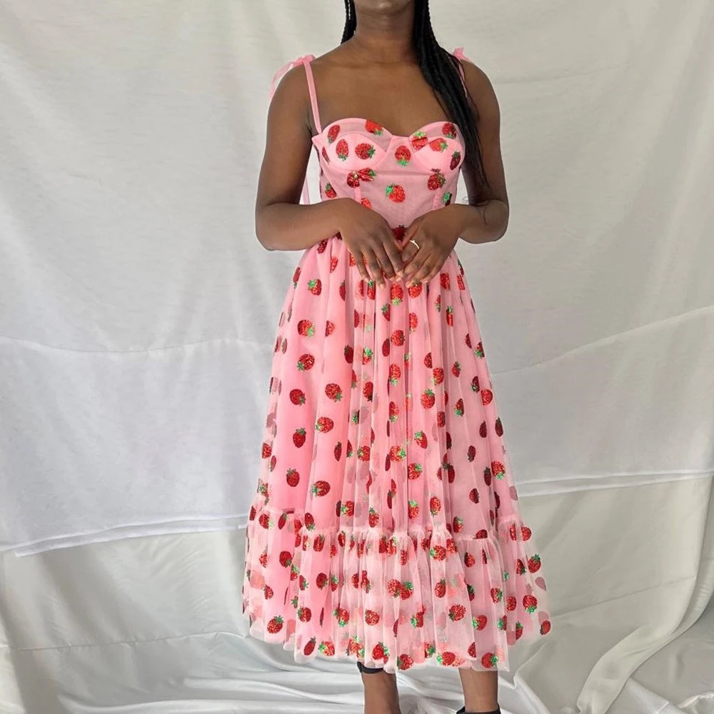 

Pink Strawberry Midi Prom Dress V Neck Spaghetti Straps Custom Made Plus Size Bustier Corset Cocktail Dance Evening Party Gowns