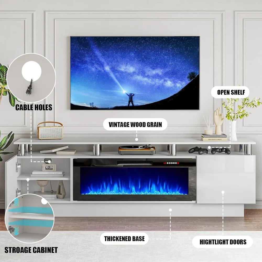 70" Modern Fireplace TV Stand with 36" Electric Fireplace for TVs Up to 80 inch, Luxury LED Light Entertainment Center with High image 3