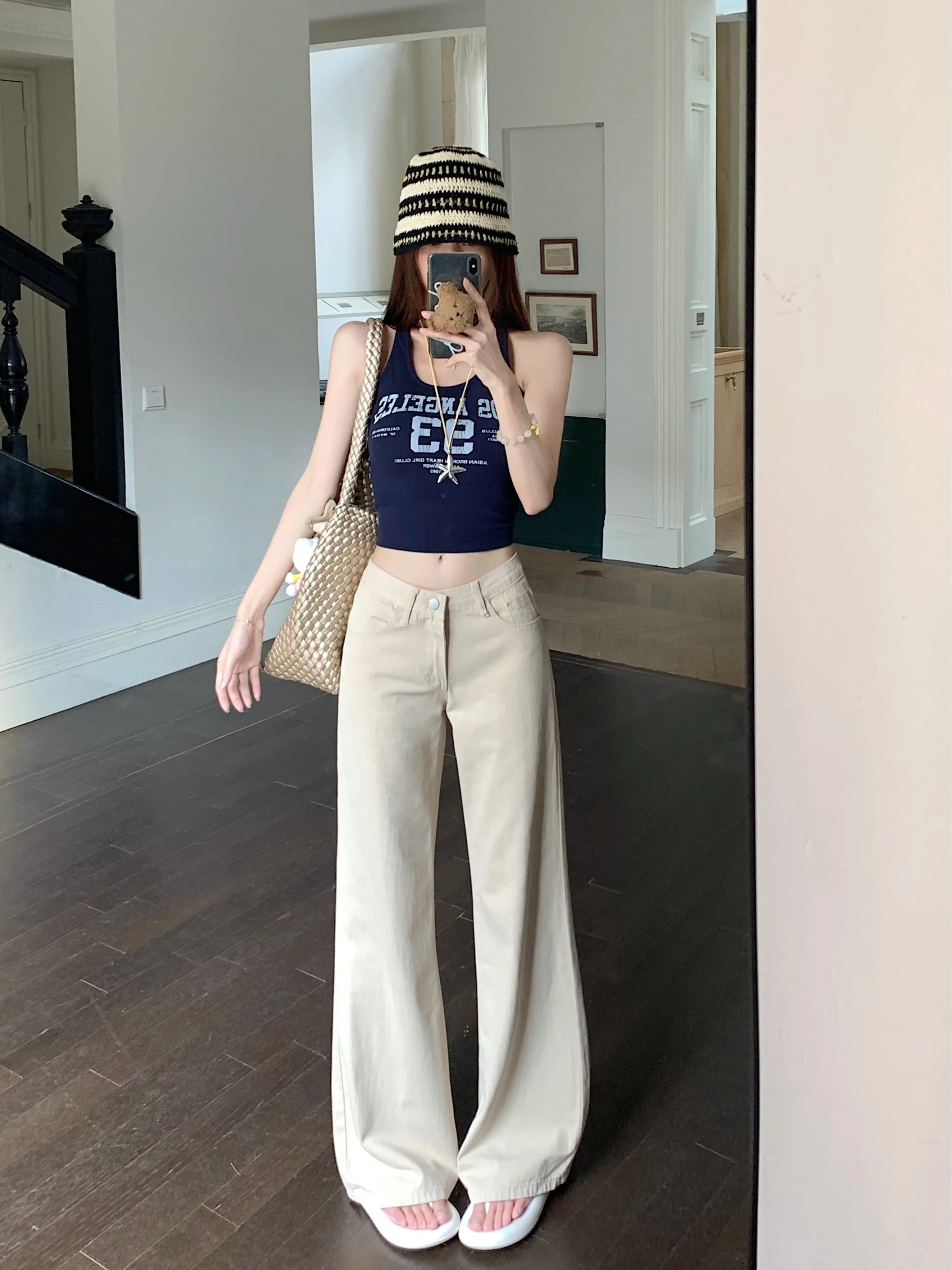 

Y2K Woman Blue Jeans Stacked Ruffle Pleated Draped Split Slit Asymmetric Detail Side Trousers Denim Fashion Ladies Female