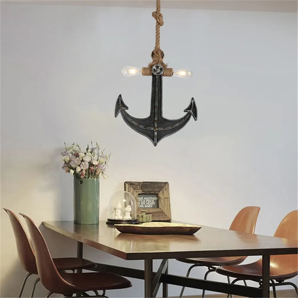 American Retro Industrial Chandelier Coffee Restaurant Bar Hemp Rope Anchor Decoration Double Head Pendant Light Home Decor Lamp