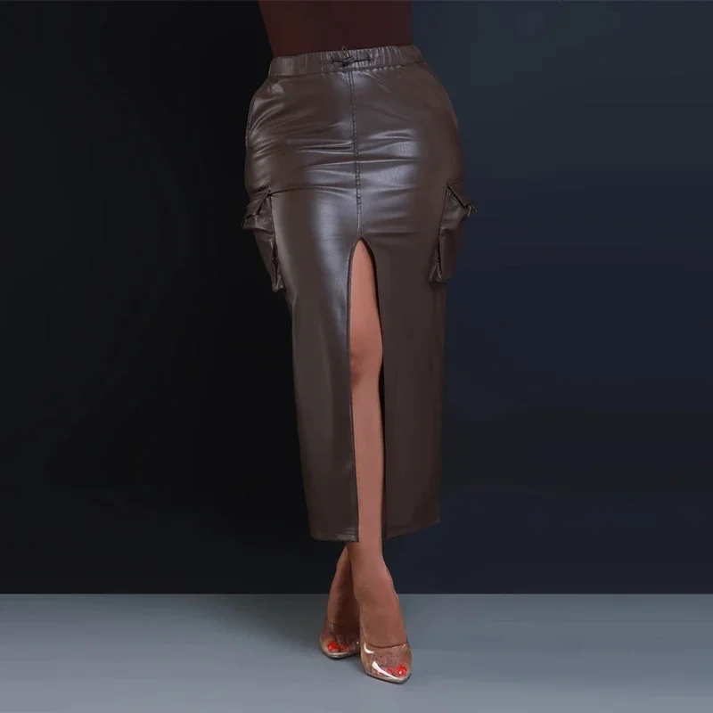 Women Faux Leather Midi Skirts High Split Vintgae Stretch PU Cargo Skirts Pocket Brown Drawstring Waistband Long Skirts Custom