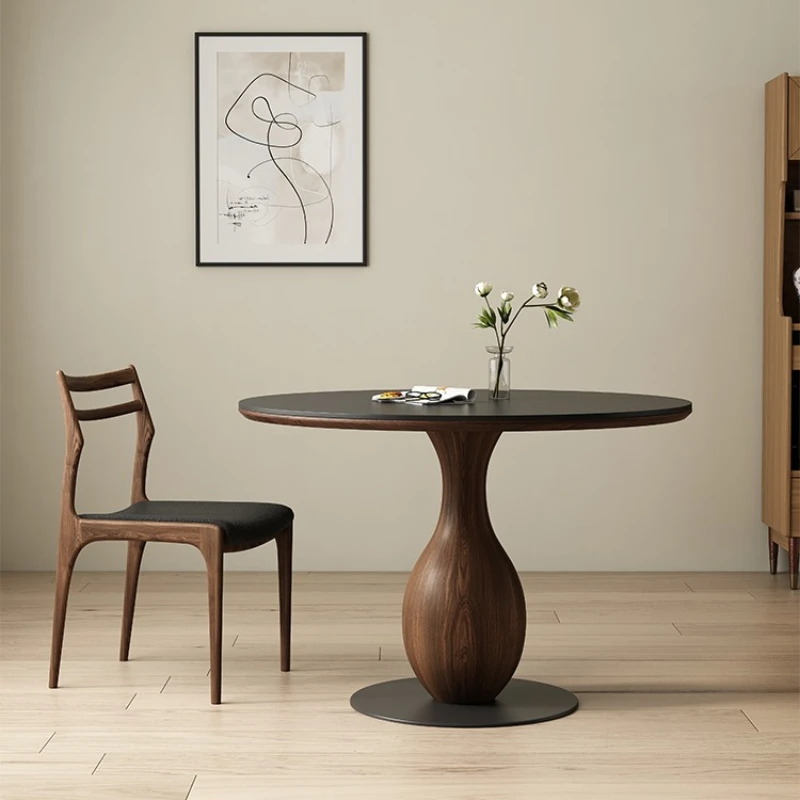 

Rock slab round dining table Solid wood retro small apartment Pure black black walnut dining room round table