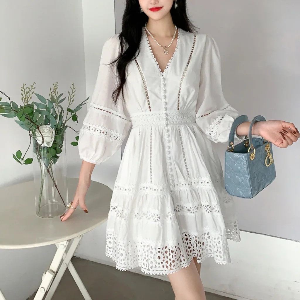 White Lantern Sve V-ne Dr Women's Heavy Embroidery Hollow out Lace Trim High Waist ort Skirt Spring Autumn Lady Sle