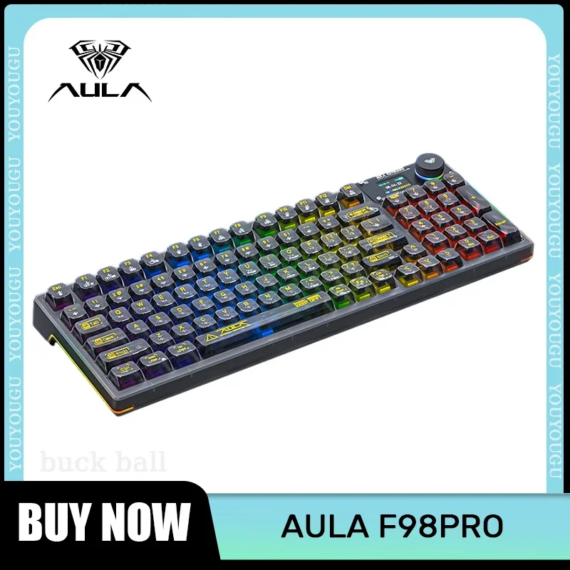 Aula F98 Pro Wireless Mechanical Keyboard With Screen Transparent 3-Mode Keyboard GDA Keycaps RGB Custom Gasket Gamer Keyboards