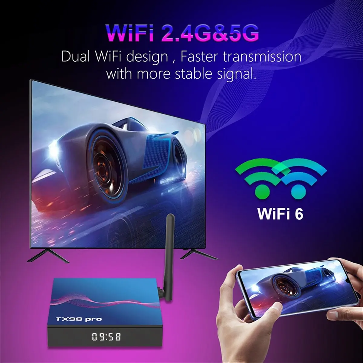 A69ZBG! TX98 PRO Android12 TV BOX 4G 64G Allwinner H618 Quad Core 6K 4K BT 5G Wifi6 Voice Smart Media Player Set Top Box EU Plug