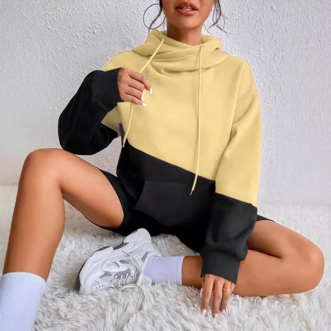 

Lady Fall Winter Hoodie Color Block Stitching Pocket Drawstring Casual Street Loose Long Sleeve Hooded Sweatshirt Women's Top