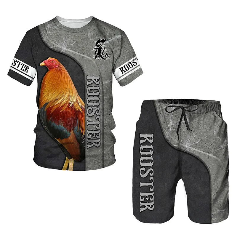 Galo caça verão masculino impressão 3d conjunto camiseta + shorts roupa agasalho galo animal mangas curtas 2 peça terno de grandes dimensões