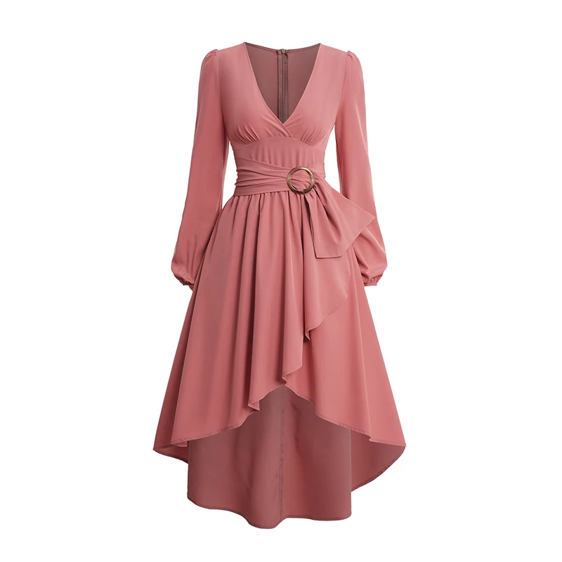 

2024 New Women's Long Sleeves Dresses High Low Wrap Style Midi V Neck Solid Color Irregular Casual A Line Dress Vestidos