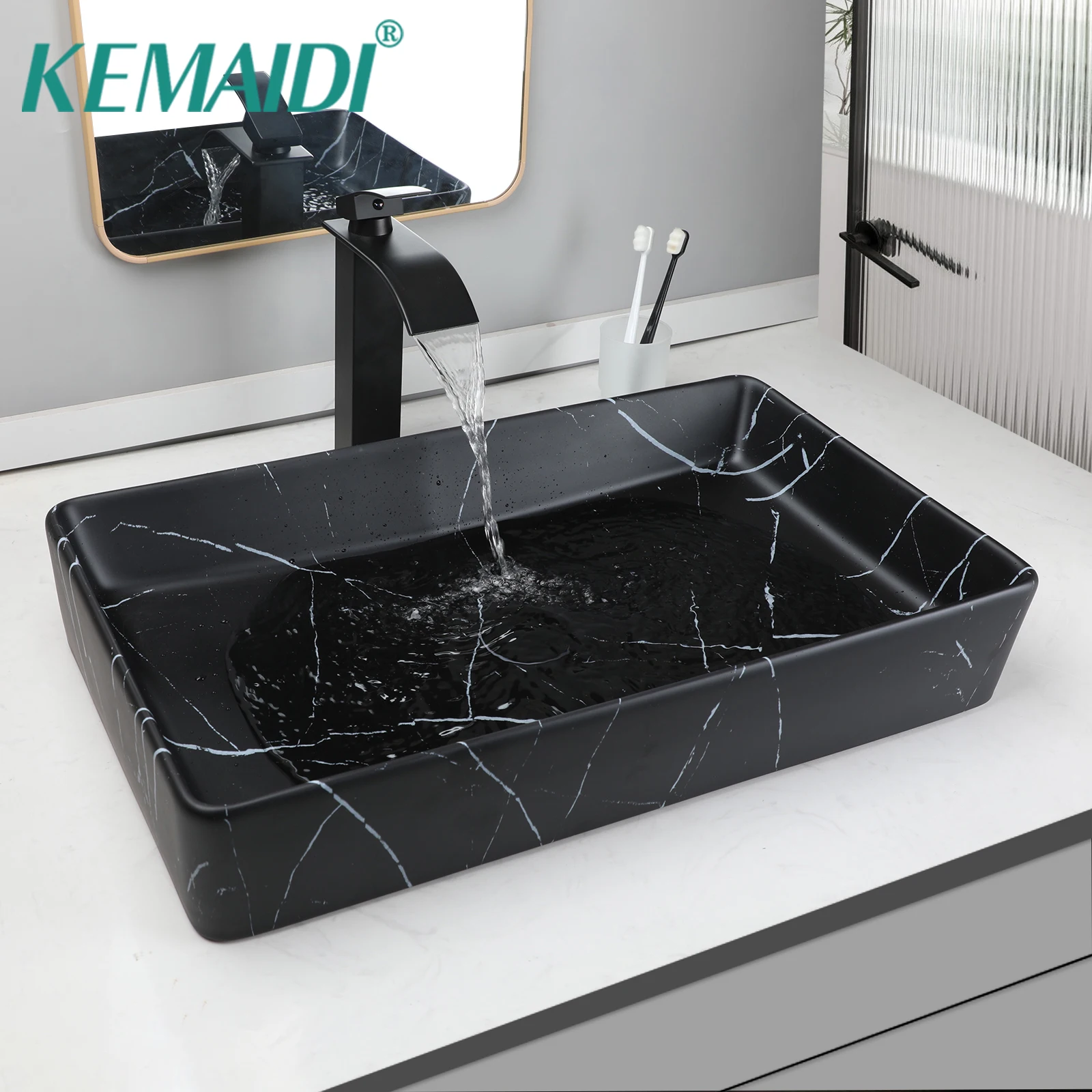 

KEMAIDI Black Vanity Sink Rectangle Marble Bathroom Vessel Sink Above Counter Sinks for Bathrooms Porcelain Lavatory Faucet Set