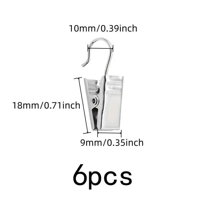 6 pcs Open Curtain Hooks Silver Open-End Design, designed for Bathroom Shower Curtain, Strong Secure Grip
