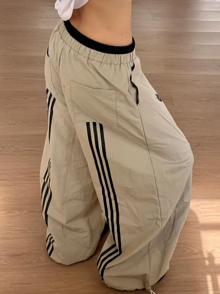 Women's 2026 Summer American Vintage Double Waist Cargo Pants Khaki Wide Leg Baggy Embroidered Jazz Dance Hip Hop Y2K Streetwear