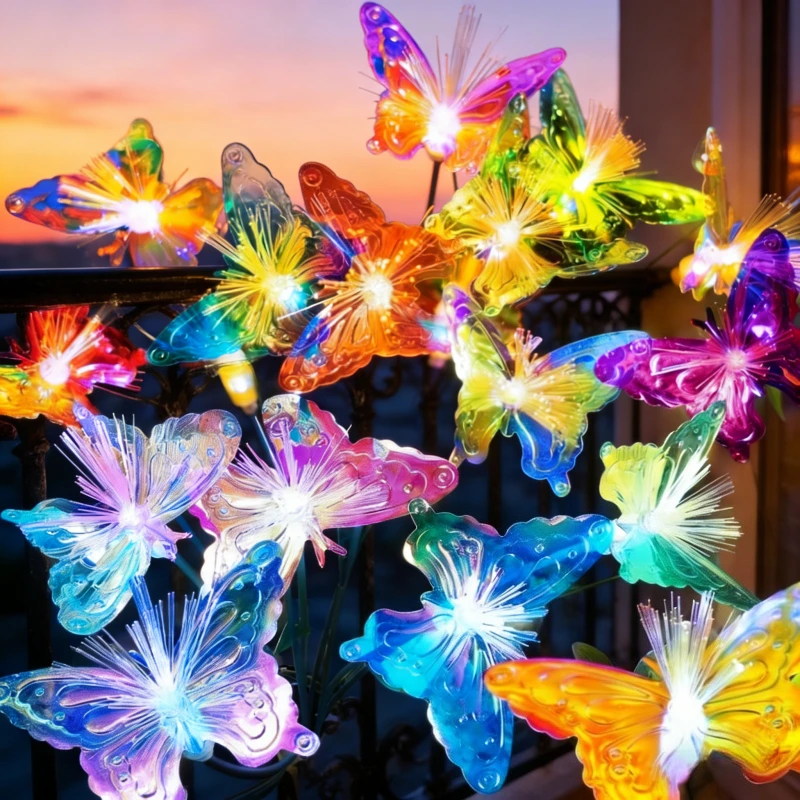 6LED Solar Powered Butterfly Fiber Optic Lights, Waterproof Rechargeable Outdoor Landscape Lamp for Garden Lawn Yard Decor