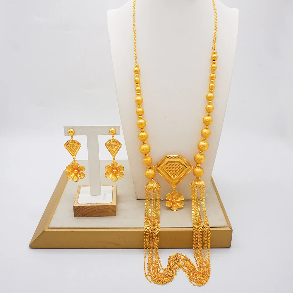 

Ball shaped bead Long necklace earrings set Dubai gold-plated jewelry set