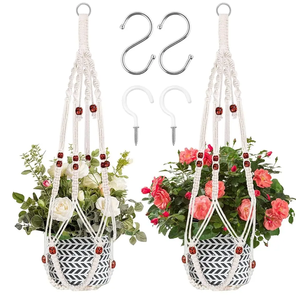 

Подвеска для растений в стиле макраме, держатель для цветочных горшков, декор в стиле бохо для дома, для использования в помещении и на улице, с деревянными бусинами, декоративная.