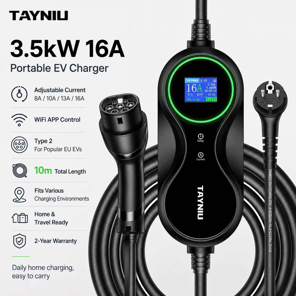 TAYNIU 3.5KW EV Charger with 10M Cable Portable Electric Car Charger with WiFi APP Control for Tesla BYD Geely Hyundai Kia