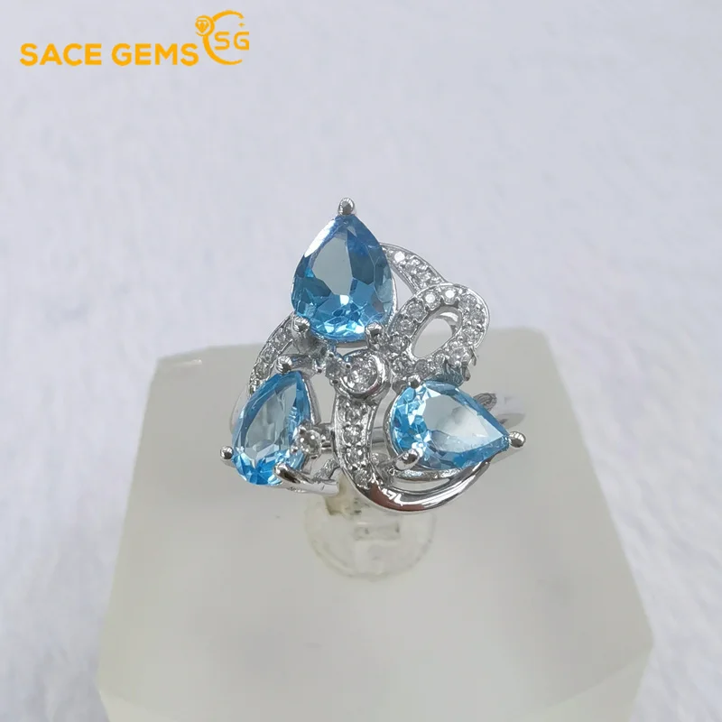 

SACE GEMS Swiss Blue Topaz Gemstone Rings for Women Girls Resizable 925 Sterling Silver Engagement Wedding Band Fine Jewelry