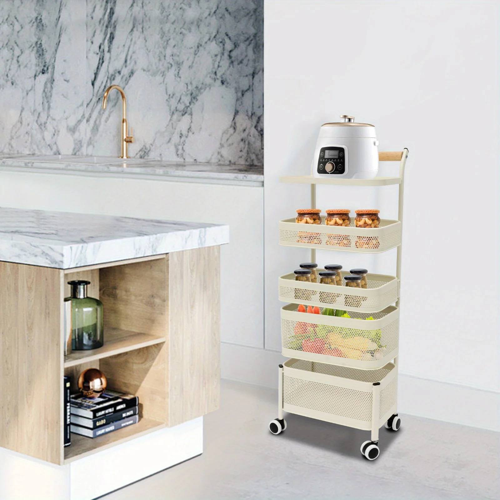 

Storage Rack - White 5-layer [wood Handle Handcart] - Detachable Mesh Basket+swivel Wheel