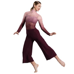 MiDee Gradient Lace Print Jumpsuit Long Sleeves Cropped Length Pants Modren Contemporary Lyrical Dance Stage Performance Costume