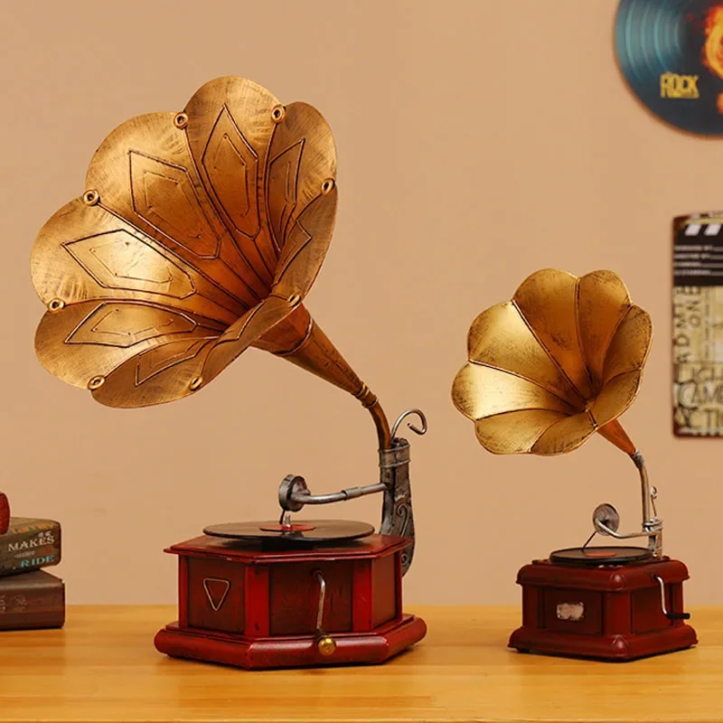 Retro Large Gramophone Model Creative Home Living Room Shop Decor Nostalgic Record Player Iron Ornaments Antique Handicrafts