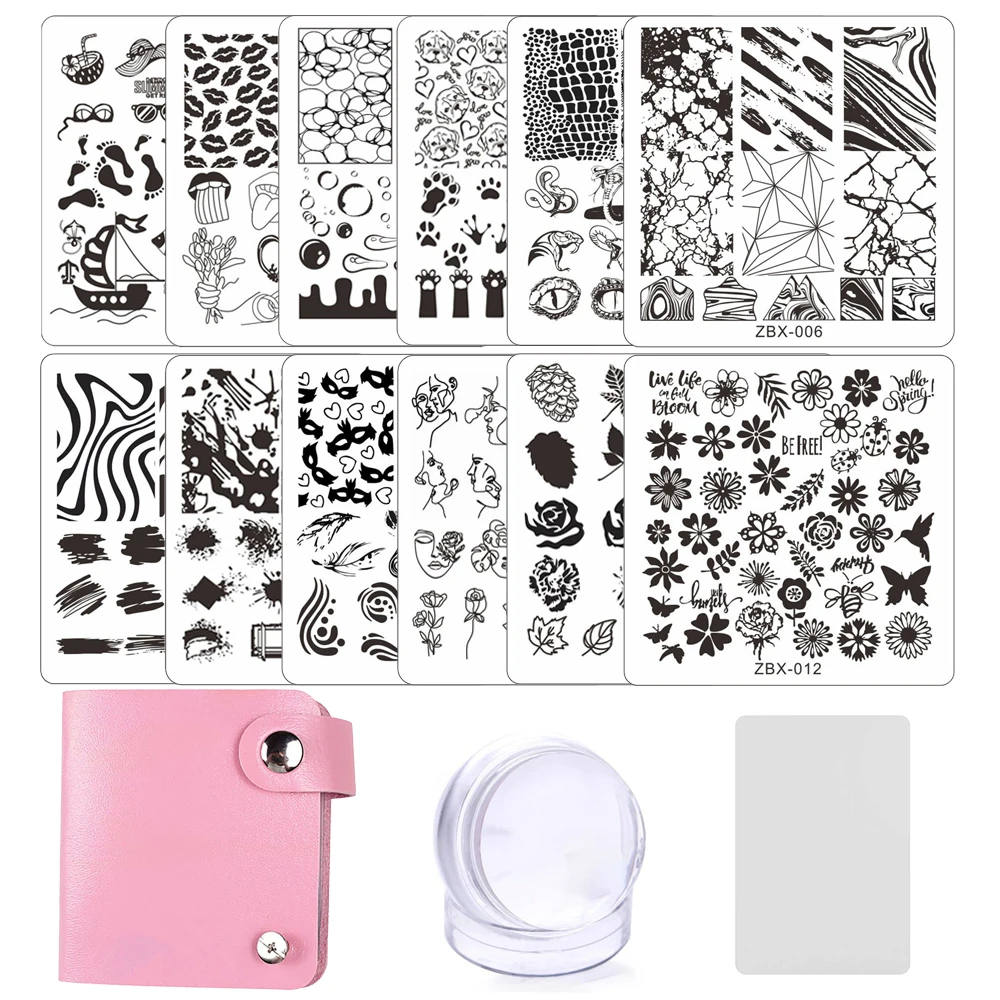 

Line Leaf Flower Nail Stamping Plate Design Animal Dog Face Art Templates Butterfly Snake Rose +Stamper Set +Pink Storage Bag