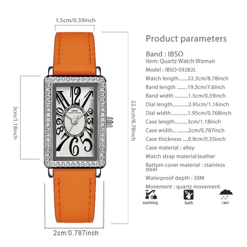 Original Luxury Watch Women Orange Leather Waterproof Handwatch Female Fashion Top Brands Ladies Rectangular Wristwatch Black