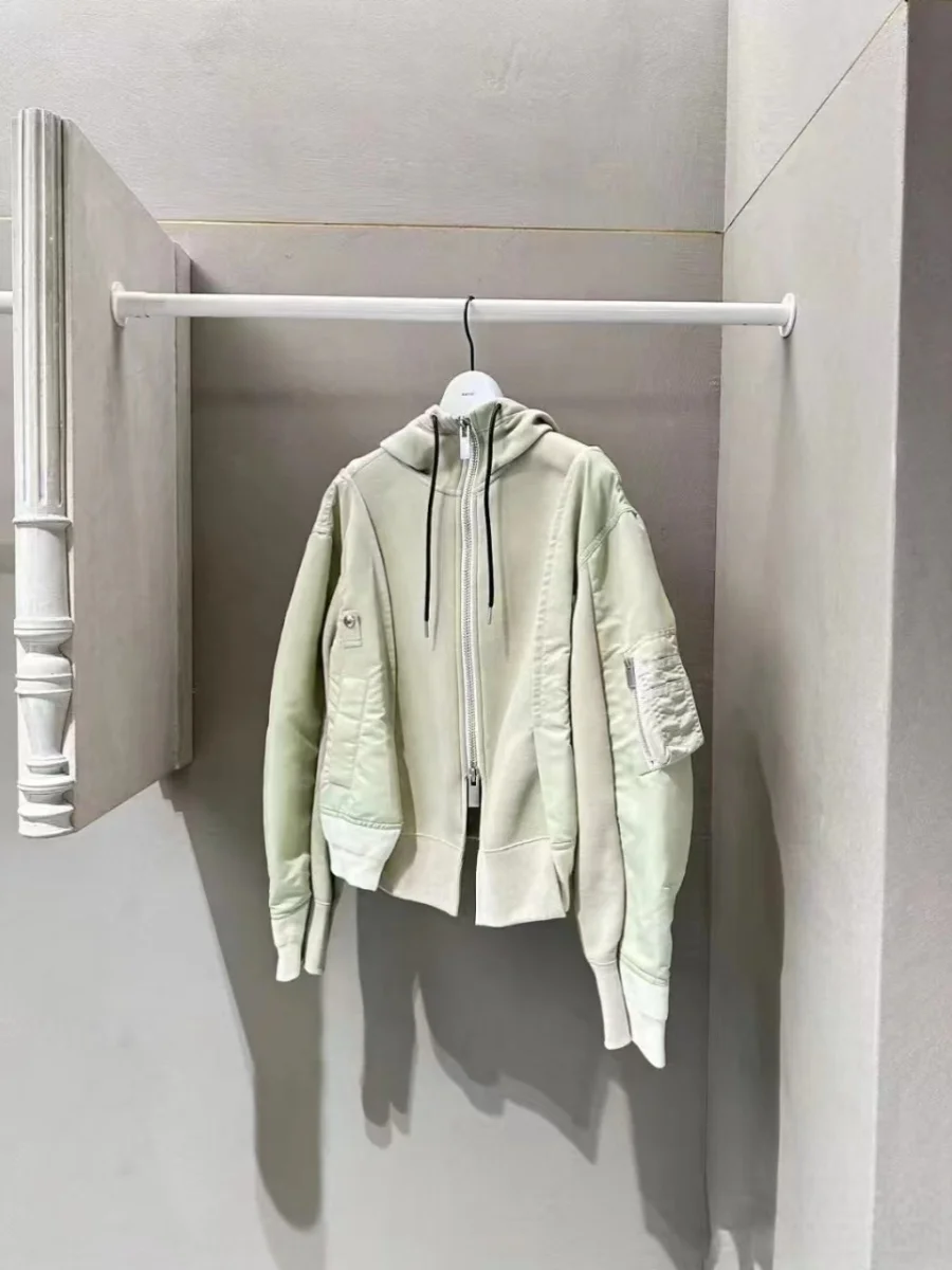 FOG SACAI Autumn Winter Hooded Jaet Women's Colorblo Patchwork Zipper ketCasual Loose Fit Cotton Polyester Blend