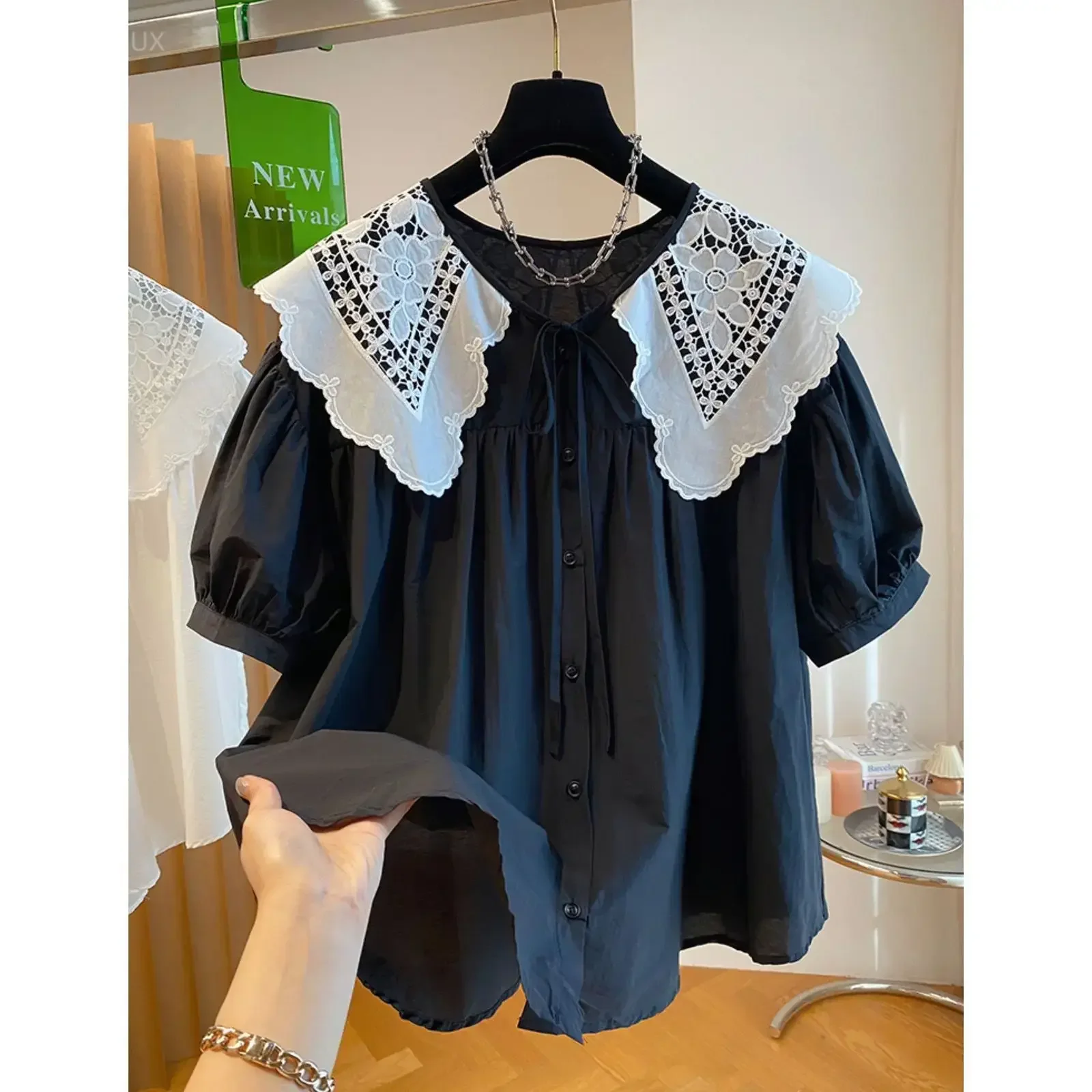 White Women Shirts 2026 Camisas De Mujer Oversized Blouses Summer Clothes Hollow Out Lace Peter Pan Collar Loose Sweet Blouse