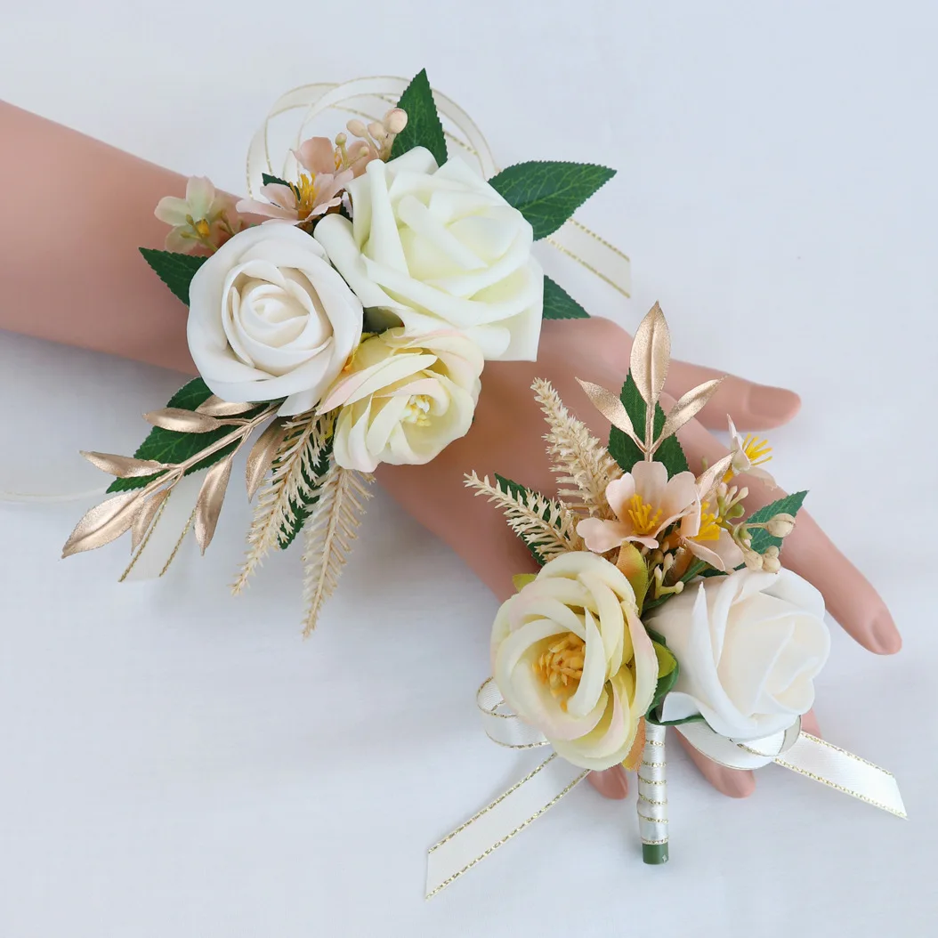 Yannew Ivory Rose Wrist Corsage and Boutonniere Set for Wedding Prom Bridesmaid Wristlet Men Suit Flowers Party Homecoming Decor