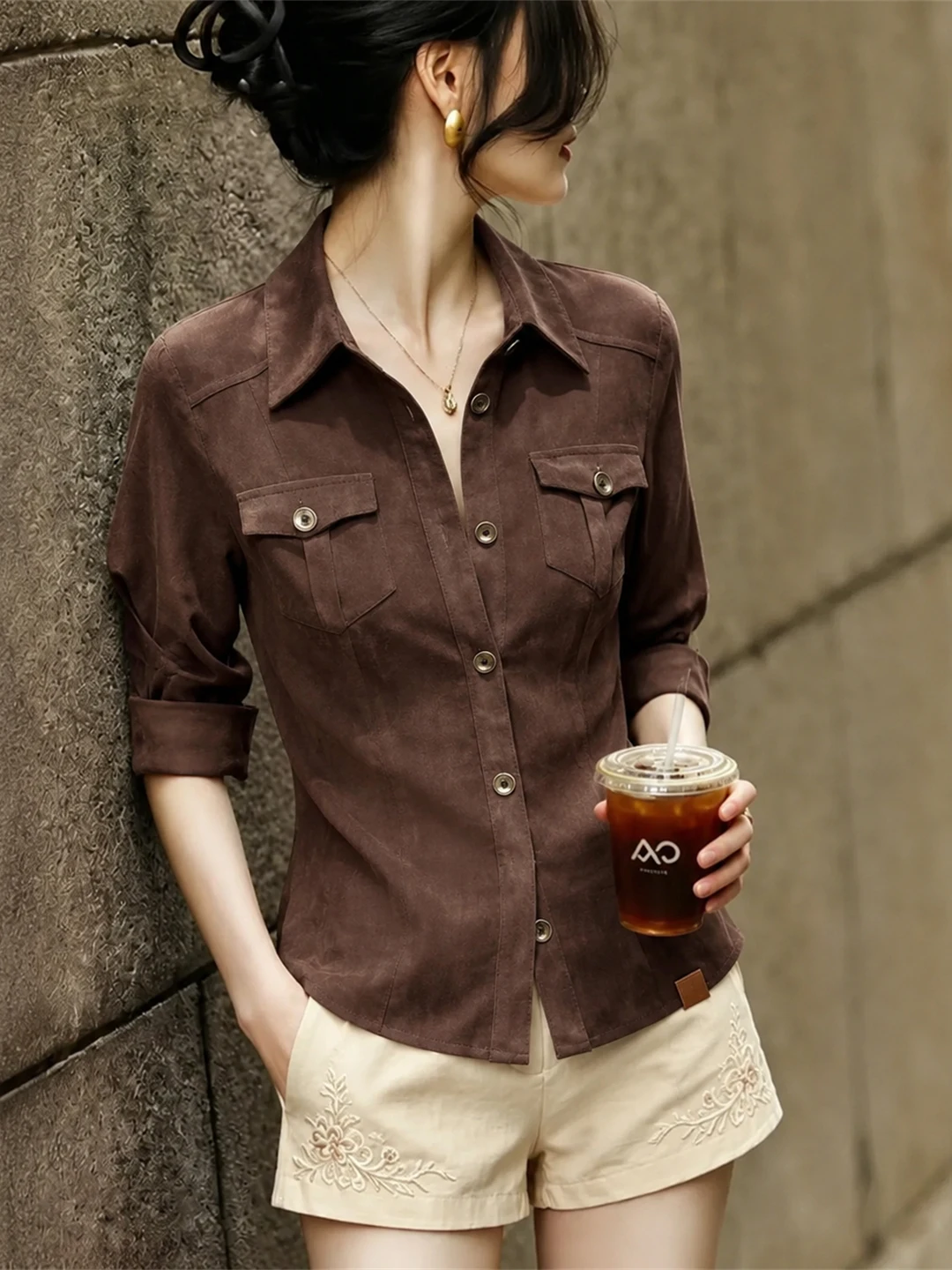 Slimming  Neck Shirt Single Button Fashionable Retro Style Korean Version Straight Cut Summer Top for Young Women