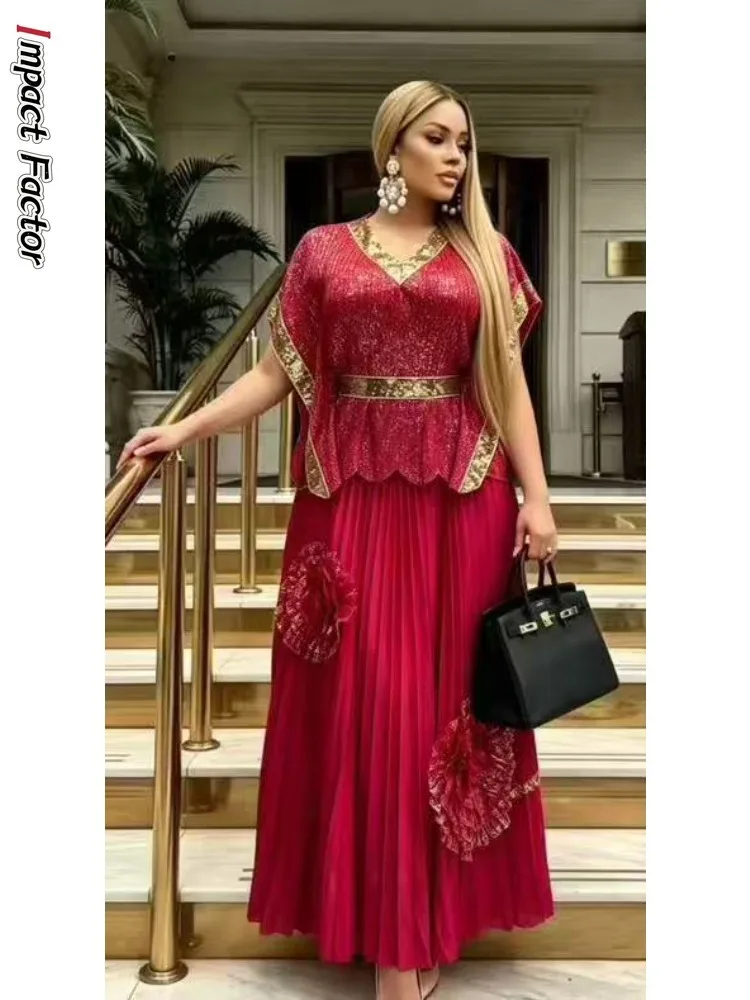 Miyake New 2026 Bronzing Splicing Two-piece Set Slim Top V-neck Bat Sleeve Long Skirt Set Women's