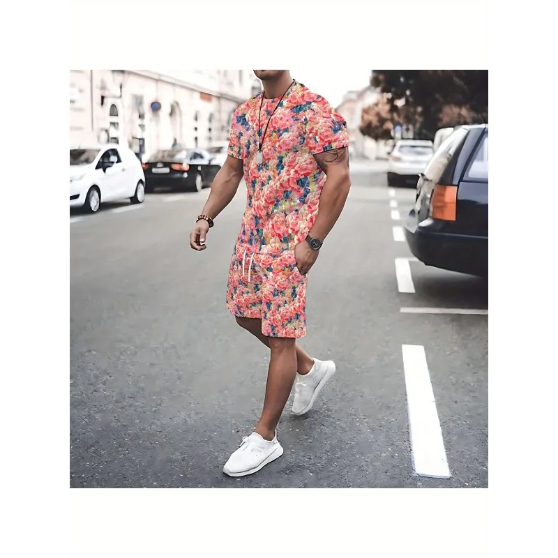 2025 Fashionable and Trendy 3D Printed Round Neck T-shirt Shorts Set Casual Sports Style Outdoor Polyester Fiber Two-piece Set