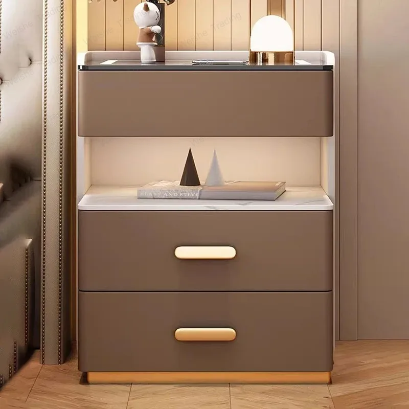 Luxury Nordic Bedside Table With Light Design Safe Italian Nightstands Modern Leather  Bedroom Furniture