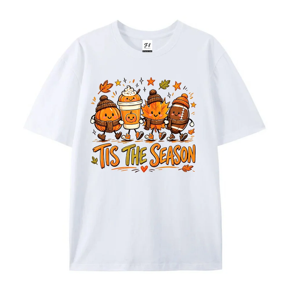 Cute Fall Pumpkin Tis The Season Graphic T-shirt Unisex Oversized Short Sleeve Autumn Coffee Maple Leaf Casual Tee