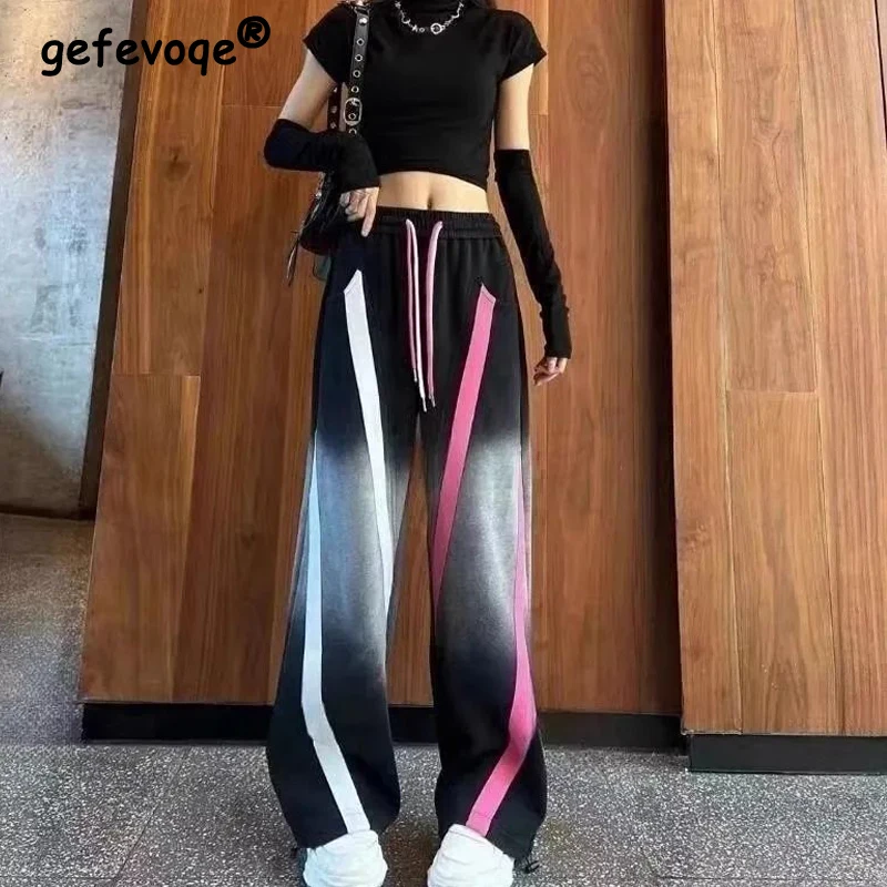 여성 하라주쿠 플리스 따뜻한 와이드 레그 팬츠, 하이 웨이스트 스트리트웨어, Y2K 루즈 팬츠, 한국 패션, 대비 색상 그라데이션 