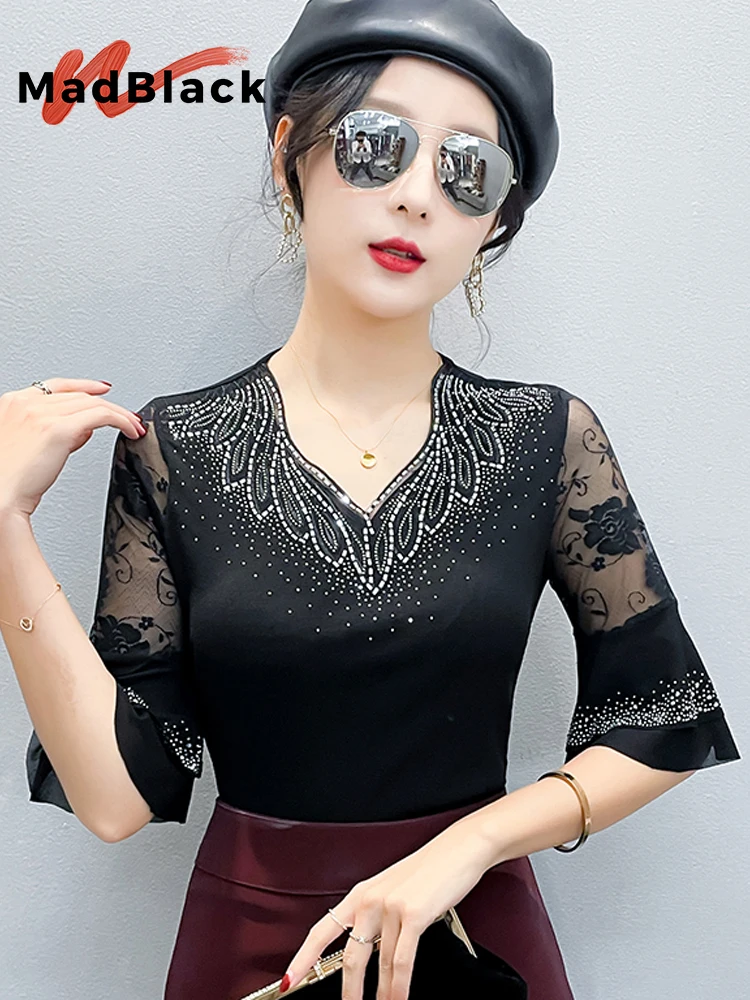 MadBlack-Women European T-Shirt, Sexy V Neck Diamond Hollow-out, Streetwear 3/4 Sleeve Slim M-3XL Mesh Tee, 2026 Summer T63505CC