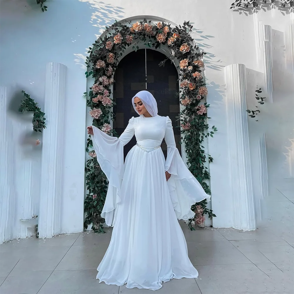 

White Muslim Evening Dress O-Neck Long Sleeves Crystal Chiffon Evening Gowns A Line Floor Length Party Dresses Customized