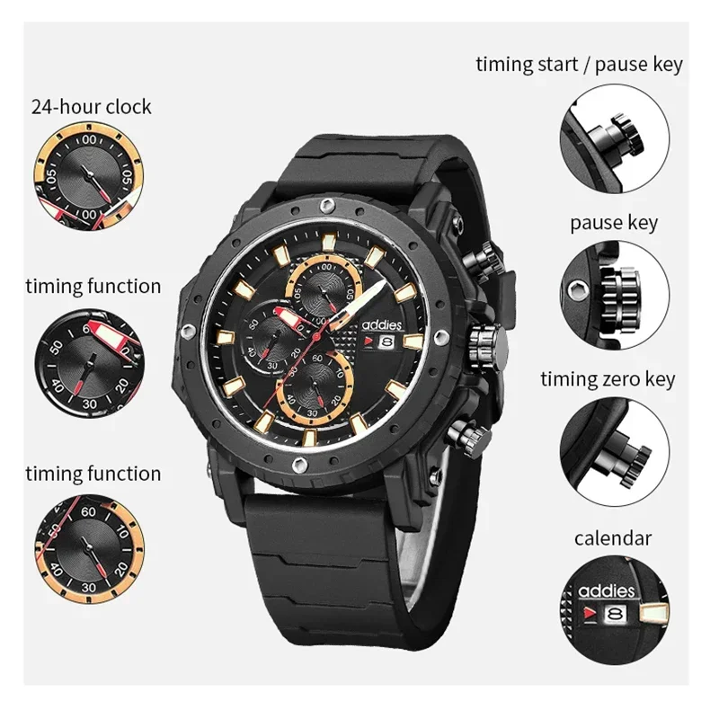 Addies Men\'s Wristwatches Quartz Sports Chronograph Watch for Male 5 ATM Waterproof Hand Clock Casual Silicone Strap Watches