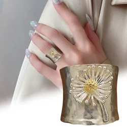 Vintage Engraving Dandelion Flower Wide Silver Color Ring for Womens Collection Antique Rings Fashion Jewelry Anillo De Mujer