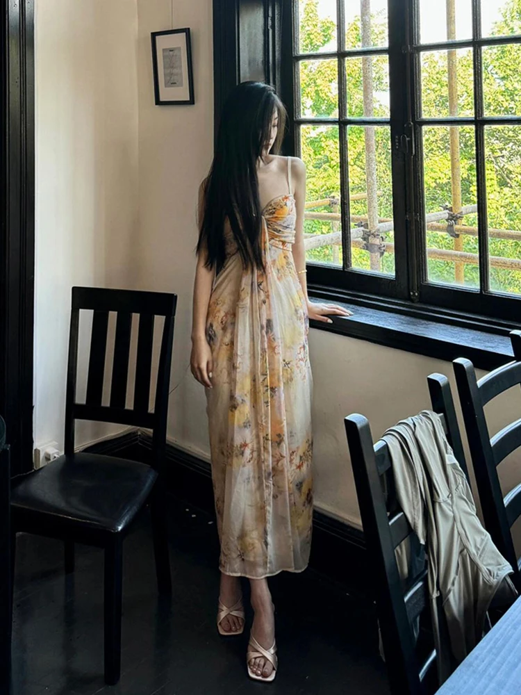 

XZY Chic Gradient Dyeing Print Halter Dress Women's Summer Vacation Gown Korean Style Straight Cut plus Size A-Line Skirt